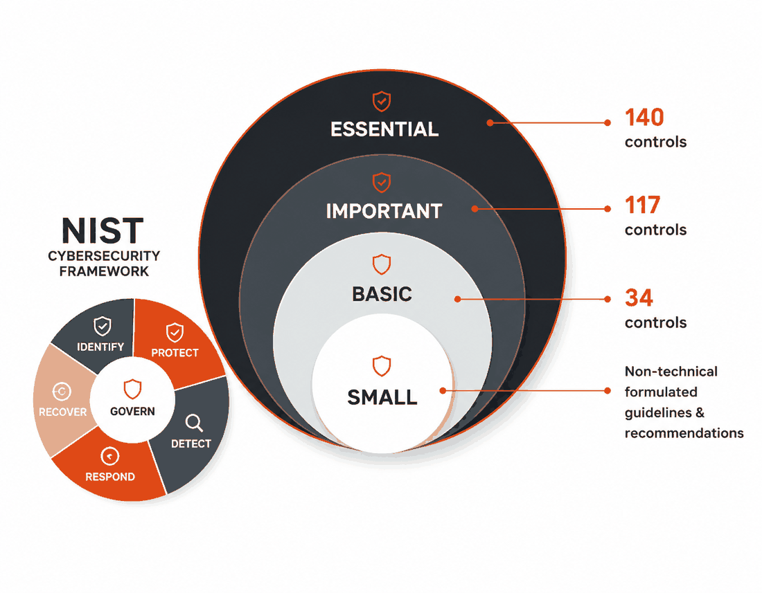 The four CyberFundamentals assurance levels shown as nested circles — Small, Basic at 34 controls, Important at 117 and Essential at 140 — beside the NIST Cybersecurity Framework functions Govern, Identify, Protect, Detect, Respond and Recover